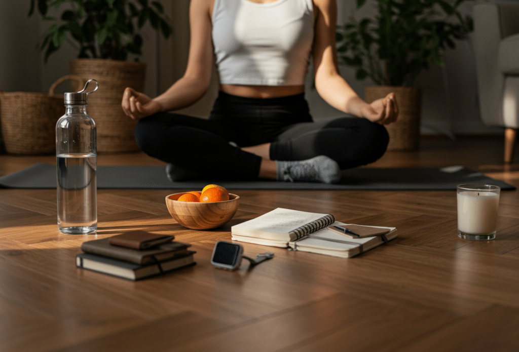 Woman practicing daily wellness habits including yoga, journaling, and hydration - SmartHealthVibe