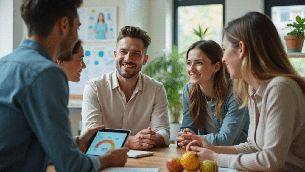 Group of young professionals discussing smart wellness and technology solutions.